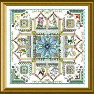 Peut inclure: Un motif de point de croix représentant un carré avec un motif floral central entouré de huit carrés plus petits, chacun avec un motif floral différent. Le motif est encadré dans un cadre doré.