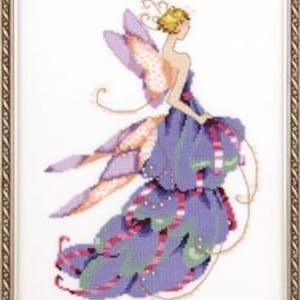 May include: A purple and pink fairy with wings and a flowing dress. The fairy is standing on a white background.