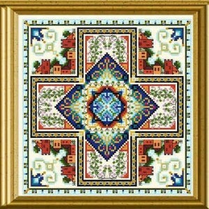 Peut inclure: Un motif de point de croix coloré avec un design géométrique mettant en scène un motif floral central entouré de bâtiments et de feuillages stylisés.