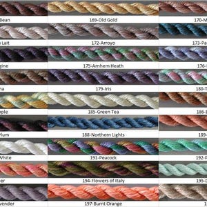 May include: A collection of 19 different colors of embroidery floss, each color is displayed in a separate row. The floss is a twisted, rope-like cord. The colors range from light to dark, and include shades of brown, blue, green, red, and purple.