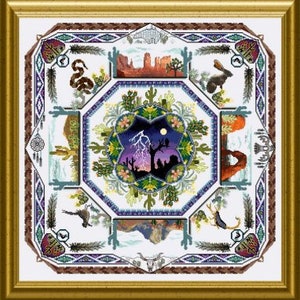May include: A colorful cross-stitch pattern with a southwestern theme. The design features a central mandala with a night sky, lightning, and a desert landscape. The surrounding sections depict various desert animals, plants, and landscapes.