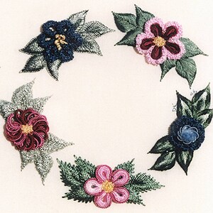 May include: Five embroidered floral motifs in a circle. The flowers are in shades of pink, red, blue, and green. The leaves are green.