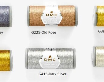 May include: Six spools of DMC Diamant embroidery thread in various metallic colors: anthracite grey, dark gold, old rose, dark silver, light gold, and light silver.