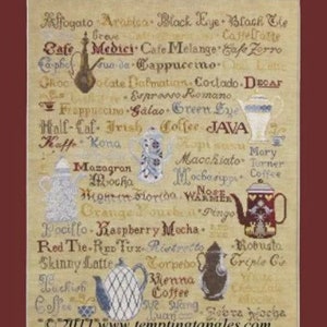 May include: A beige decorative print featuring various coffee and espresso drinks, with illustrations of coffee pots and cups. The text includes coffee names like "Mocha" and "Cappuccino". The print has a copyright notice.