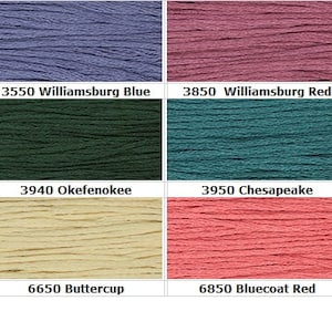 May include: A colour chart of embroidery floss with 12 different colours, including sand, blue, red, crimson, teal, and more. Each colour is labelled with a number and a name.