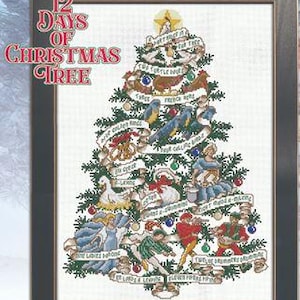 May include: A white cross-stitch pattern of a Christmas tree with the 12 Days of Christmas lyrics on each branch. The tree is decorated with ornaments, birds, and a star on top. The title "The 12 Days of Christmas Tree" is at the top of the image.