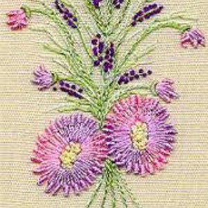 May include: Embroidered floral design featuring two pink and purple flowers with lavender sprigs and green stems.