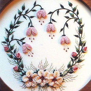 May include: Embroidered hoop art featuring a wreath of pink flowers and green leaves. The flowers are arranged in a heart shape with a cluster of cream-colored flowers at the bottom.