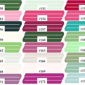 May include: A colour palette chart with 24 different shades of green, pink, white, and blue. Each colour is labelled with a number from 150 to 173.
