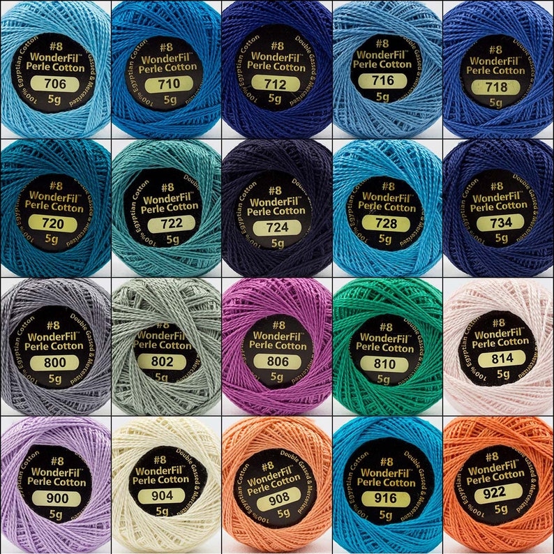 May include: A collection of 20 spools of WonderFil Perle Cotton embroidery thread. The spools are arranged in a grid of five rows and four columns. Each spool is a different color, including blue, green, purple, pink, orange, and white. The spools are labeled with the number 8 and the WonderFil brand name.