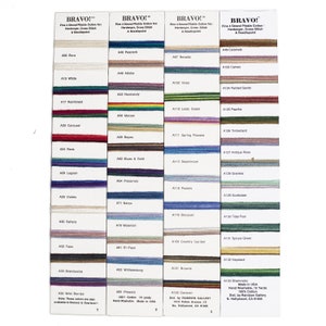May include: A color chart of 4-strand embroidery floss with 36 different colors. Each color is labeled with a number and a descriptive name. The chart is labeled "BRAVO!" and is made in the USA.