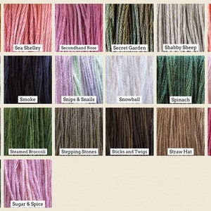 Puede incluir: Una colección de 20 ovillos de hilo de bordar en varios colores, incluyendo tonos de verde, marrón, rosa y blanco. Cada ovillo está etiquetado con un nombre único, como "Sassy Brass", "Sea Shelley" y "Secondhand Rose".