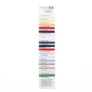 May include: A color chart of Water 'N Ice brand nylon embroidery floss. The chart shows 18 different colors, including transparent ice, water blue, flame yellow, flame orange, flame red, flame dark red, pink, pale yellow, deep navy, black, Christmas red, pearl ice, aqua, ocean, rain gray, taupe, barely rose, and pine green. The chart also includes information about the floss, such as the length, washability, and distributor.