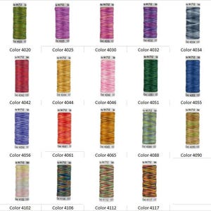Könnte beinhalten: Eine Sammlung von 15 Spulen Stickgarn in verschiedenen Farben, darunter Grün, Lila, Rosa, Blau, Rot, Gelb, Orange und Braun. Jede Spule ist mit einer Farbnummer gekennzeichnet.