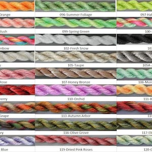 May include: A chart of 20 different colors of embroidery floss, each color is labeled with a number and a descriptive name. The floss is wound into a rope shape.