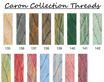 May include: A collection of Caron Collection Threads embroidery floss in various colors and patterns. The floss is arranged in rows with numbers 135 through 149.