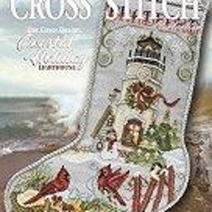 May include: A cross stitch pattern featuring a coastal Christmas scene with a lighthouse, a snowman, and cardinals. The pattern is titled "Coastal Holiday Hearthstone" and is from the "Stitching Over the Cross Stitch" magazine.