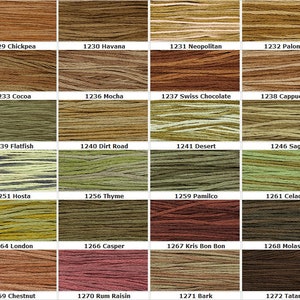 May include: A color chart of 18 different shades of embroidery floss, ranging from light brown to dark green. Each floss color is labeled with a number and a name, such as "1229 Chickpea" and "1230 Havana".