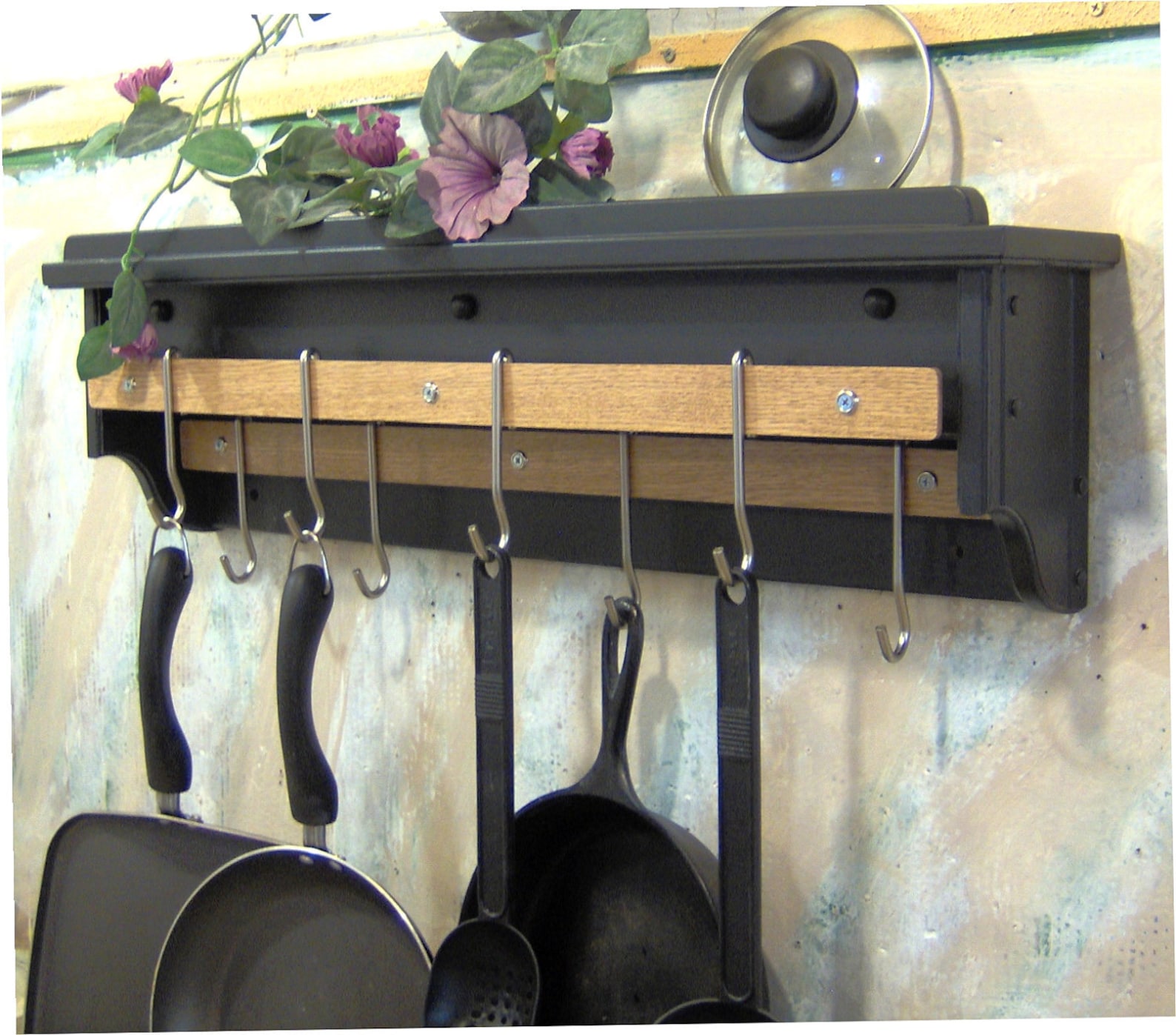 Black Leather Painted Pot Utensil Rack Holder With Shelf for Etsy