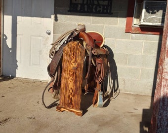 Solid pine saddle stand is burnt with early american stain finished with polyurethane lacquer