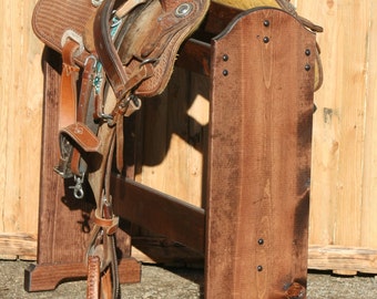 Solid pine saddle stand is Red Mahogany finished with polyurethane lacquer