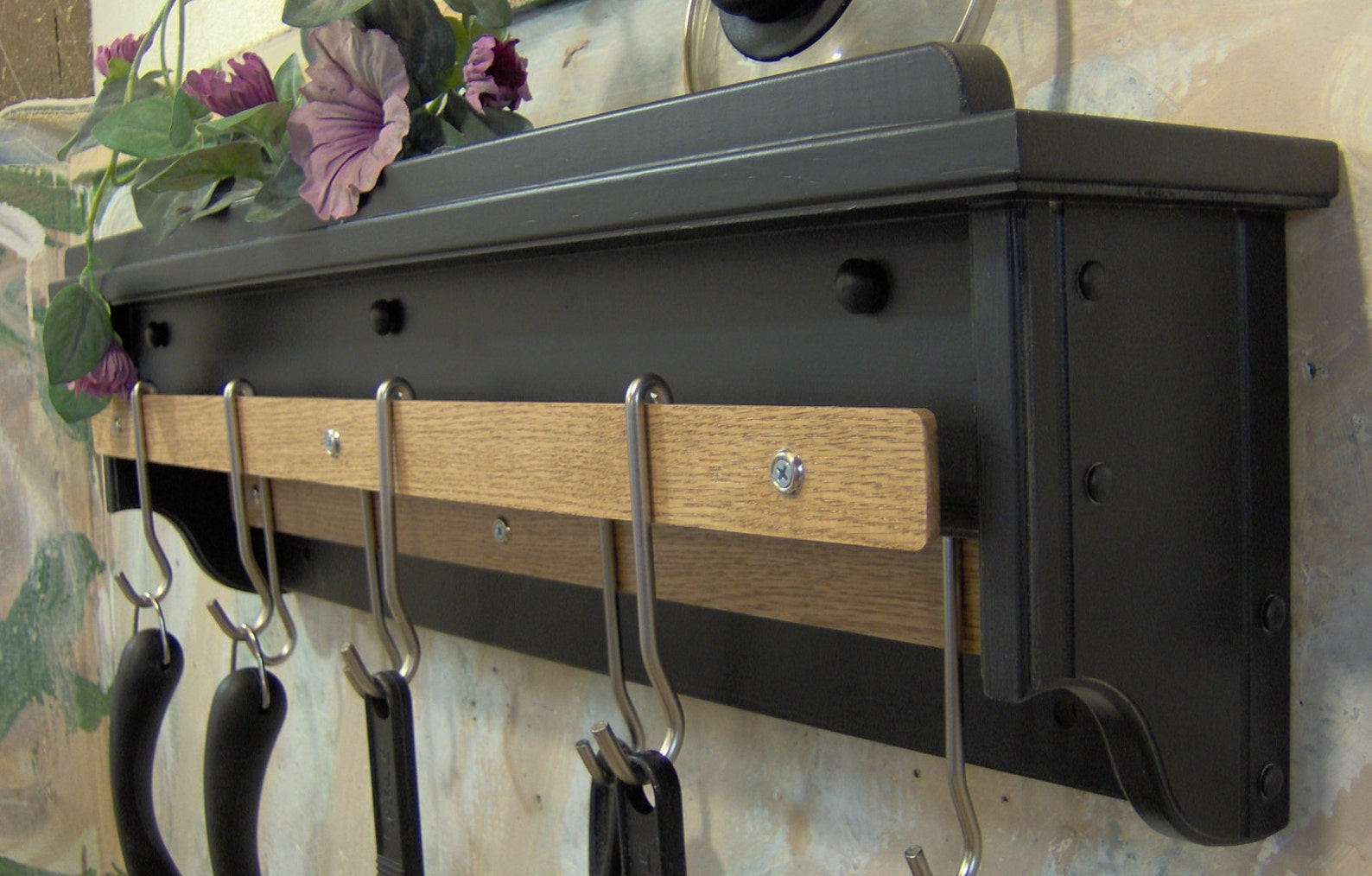 Black Leather Painted Pot Utensil Rack Holder With Shelf for Etsy