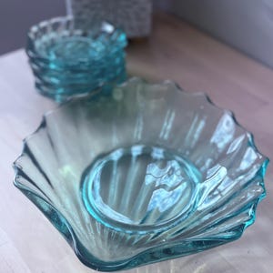 MCM Teal Glass Clam shell bowl set, shell bowl, nautical Hamptons decor, clam dish teal depression glass