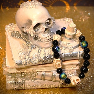 Stretchy Black Jasper and White Beaded Skull Bracelet, with iridescent beads!