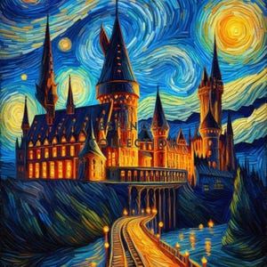 Van Gogh Style Magic School inspired Castle Digital Art Print (3 sizes)