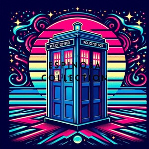 Retro Blue Phone Box in Neon - Doctor Digital Art Print (3 sizes)