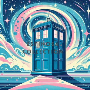 Whimsical Blue Phone Box Journey - Printable Retro Doctor Digital Art Print (3 sizes)