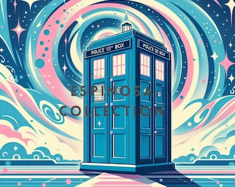 Whimsical Blue Phone Box Journey - Printable Retro Doctor Digital Art Print (3 sizes)