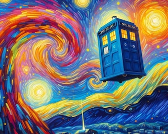 Starry Night Blue Phone Box Adventure - Van Gogh Inspired Digital Art Print (3 sizes)