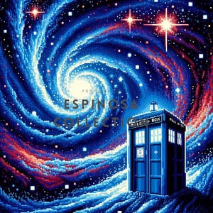 Pixelated Blue Phone Box in Cosmic Vortex - Doctor Digital Art Print (3 sizes)