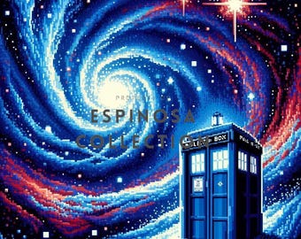 Pixelated Blue Phone Box in Cosmic Vortex - Doctor Digital Art Print (3 sizes)