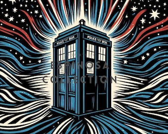 Retro Blue Phone Box in Neon - Doctor Digital Art Print (3 sizes)