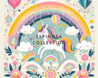 Whimsical Unicorn Nursery Wall Decor - Printable Enchanted Rainbow & Hot Air Balloon Art (3 sizes)