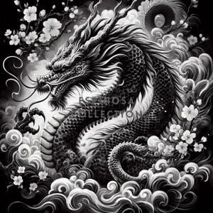 Mystical Black and White Dragon Wall Art - Printable Fantasy Decor (3 sizes)