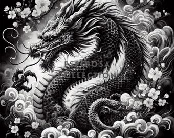 Mystical Black and White Dragon Wall Art - Printable Fantasy Decor (3 sizes)