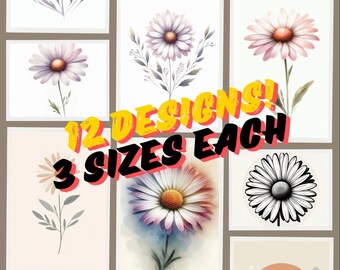 Minimalistic Floral Digital Prints Pack (12 pack of designs - 3 sizes - 36 total prints) Elegant Daisy Art