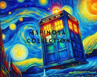 Starry Night Blue Phone Box Adventure - Van Gogh Inspired Digital Art Print (3 sizes)
