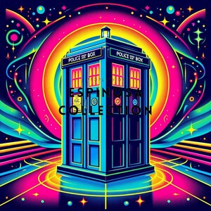 Retro Bkue Phone Box in Neon - Doctor Digital Art Print (3 sizes)
