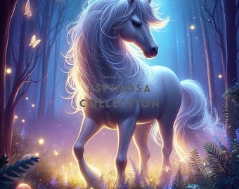 Enchanted Majestic Unicorn in Mystical Forest - Digital Wall Art Print (3 sizes)