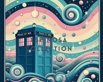 Whimsical Blue Phone Box Journey - Retro Doctor Digital Art Print (3 sizes)