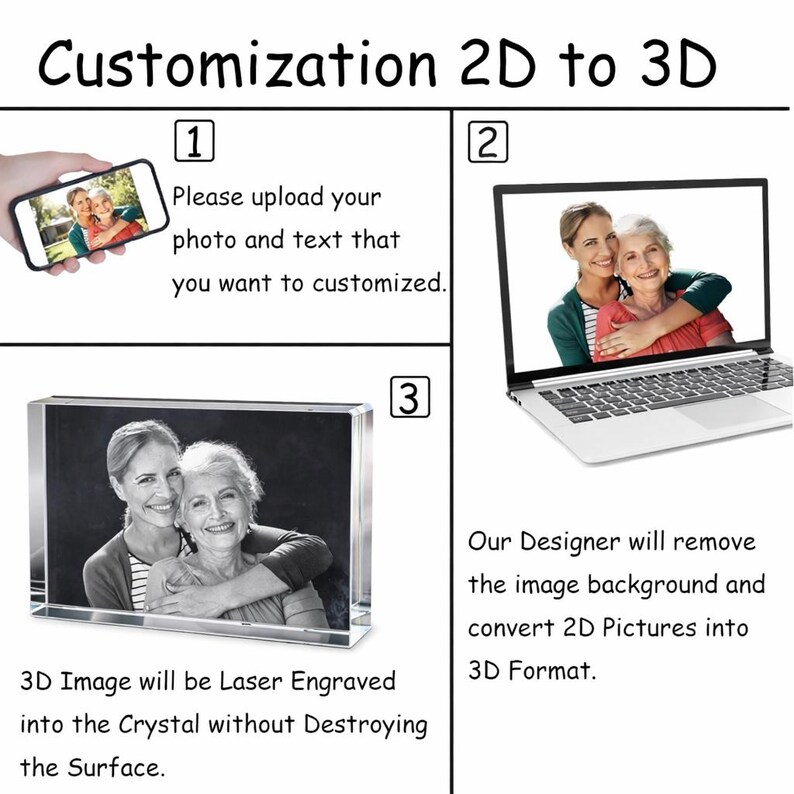 Personalized 3D Photo Crystal Rectangle - Custom Laser Engraved Family ...