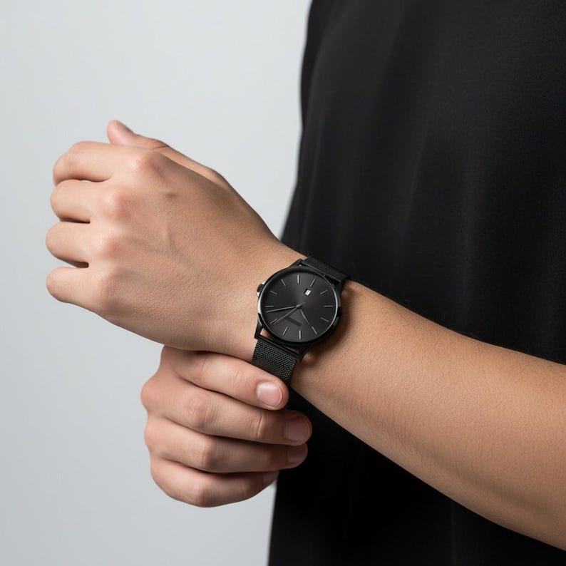 Personalized Minimalist Watch – Black or Silver Stainless Steel Mesh Band – Free Engraving image 10
