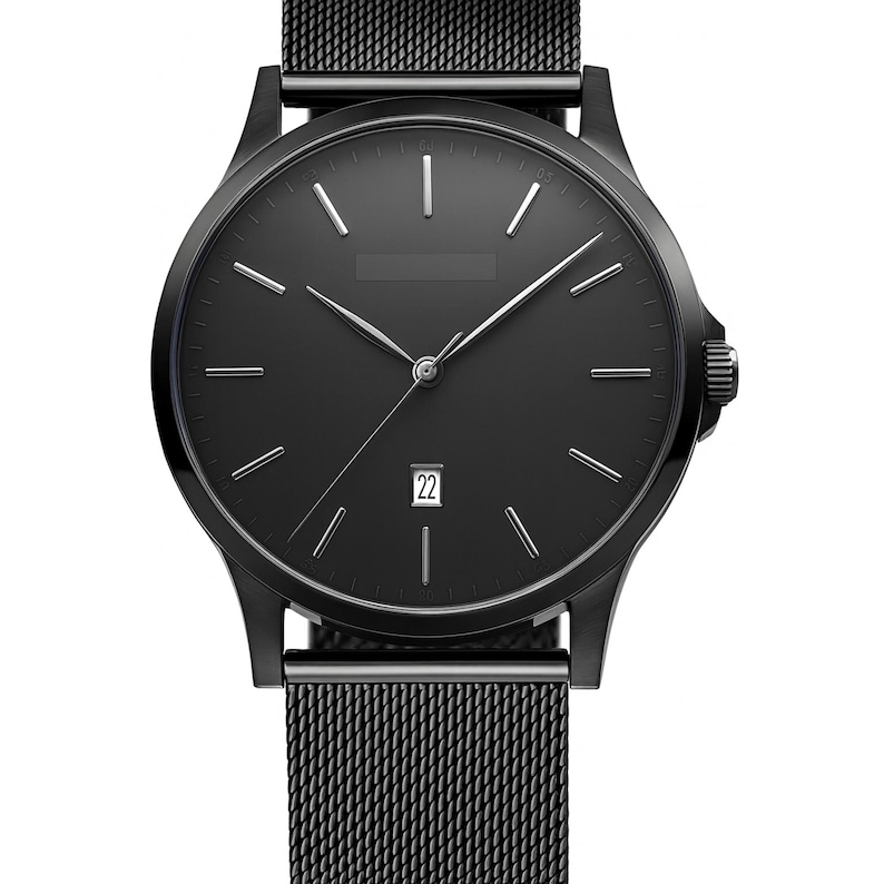 May include: A sleek, all-black wristwatch with a minimalist design. The watch features a black dial with silver-tone hands and markers, a date window at the 6 o'clock position, and a mesh band. The watch case and band are also black.