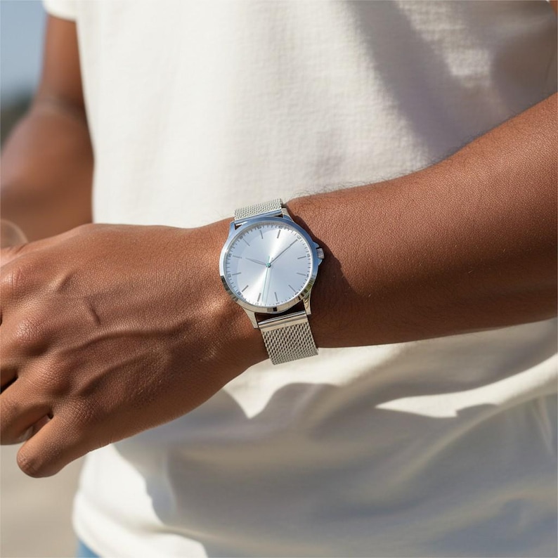 Personalized Minimalist Watch – Black or Silver Stainless Steel Mesh Band – Free Engraving image 11