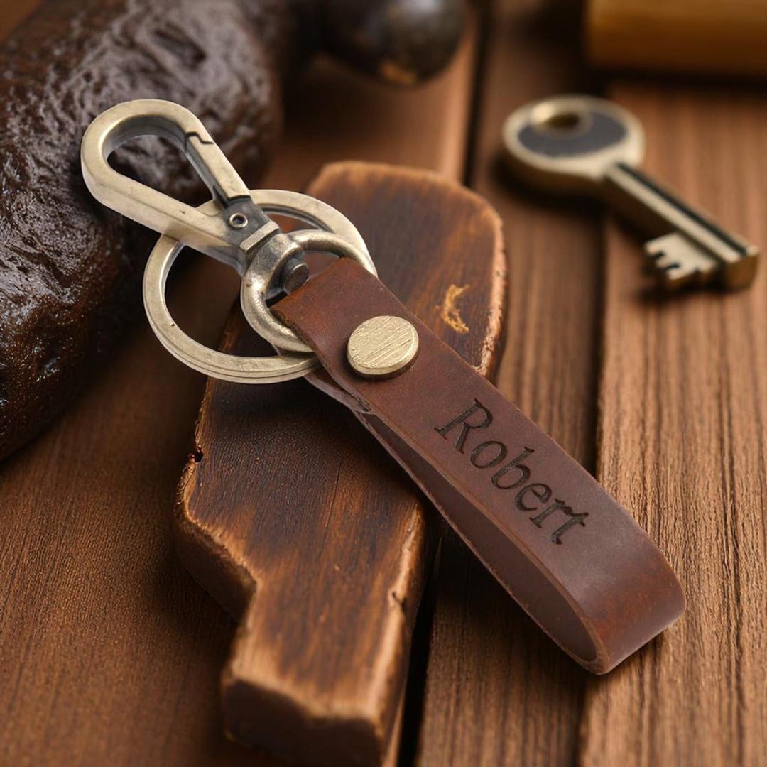 Personalized Quality Genuine Brown Leather Key Chain - Free Engraving ...