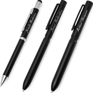 May include: Three black pens with silver accents and personalized names: "Jennifer Henderson", "James Richardson", and "Michael Thompson". The pens have a sleek, modern design with a stylus tip on one pen.